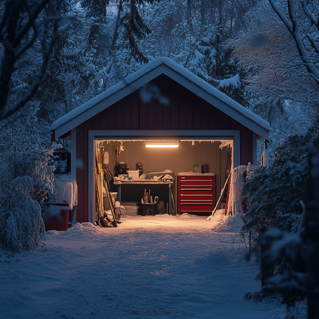 A detached garage, door open with everything neatly organized inside. Outside, it is winter, with everything covered in snow. Illustrates detached garage winter maintenance tips.