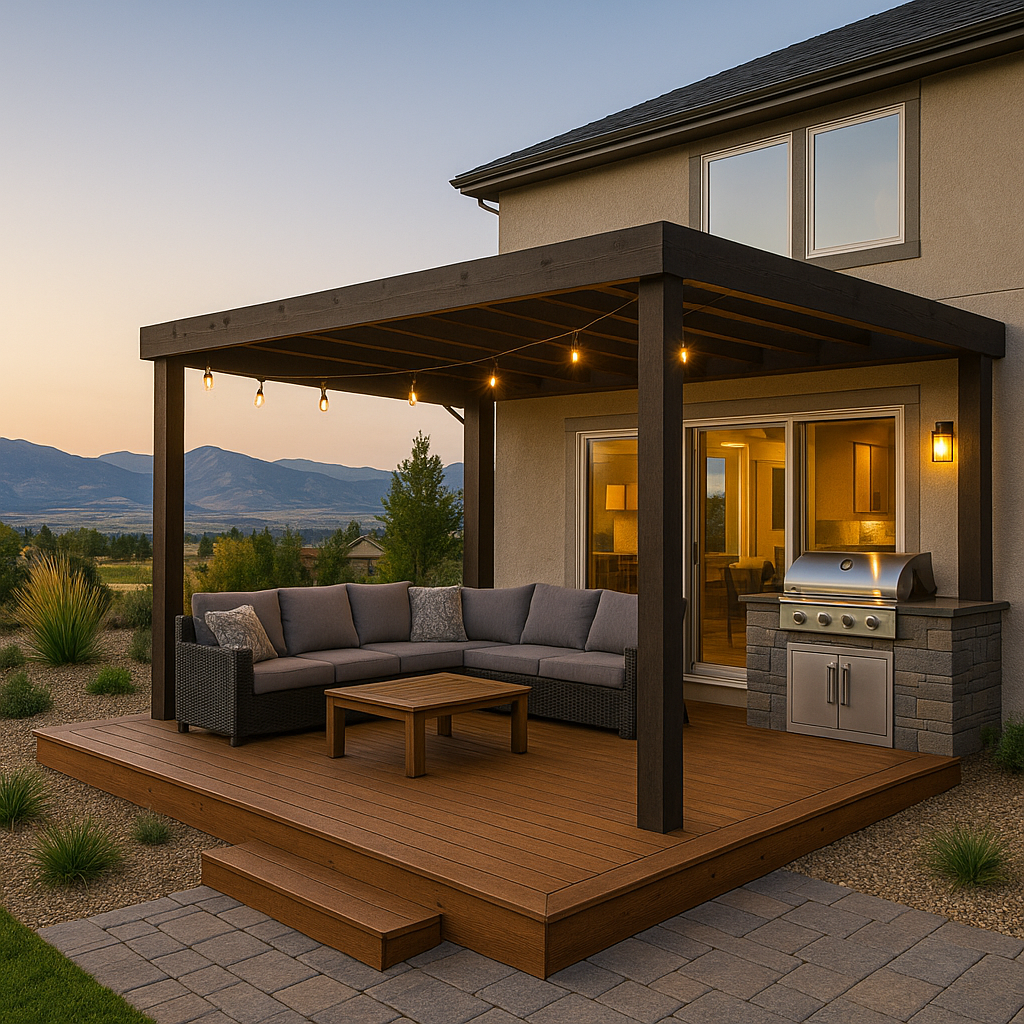 An outdoor kitchen on a wooden deck, covered by a pergola in the Denver area.