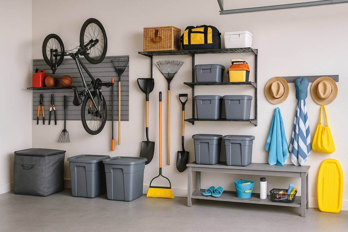 A high-resolution photo of a neatly organized garage featuring hanging tools, storage bins, hats, beach towels, and summer accessories, all arranged for efficient seasonal use. Demonstrates how to organize your garage for summer.