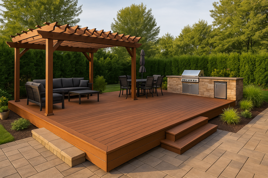 A well-designed backyard living space featuring a raised wooden deck, pergola, outdoor kitchen, and lounge area surrounded by greenery.