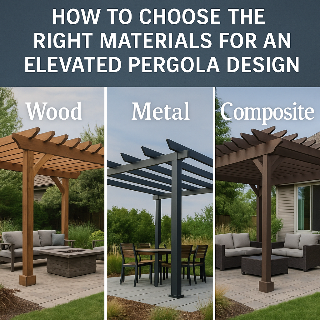 Comparison image of three backyard pergola designs—wood, metal, and composite—each labeled with a headline, showing different styles and materials used in elevated pergola design.