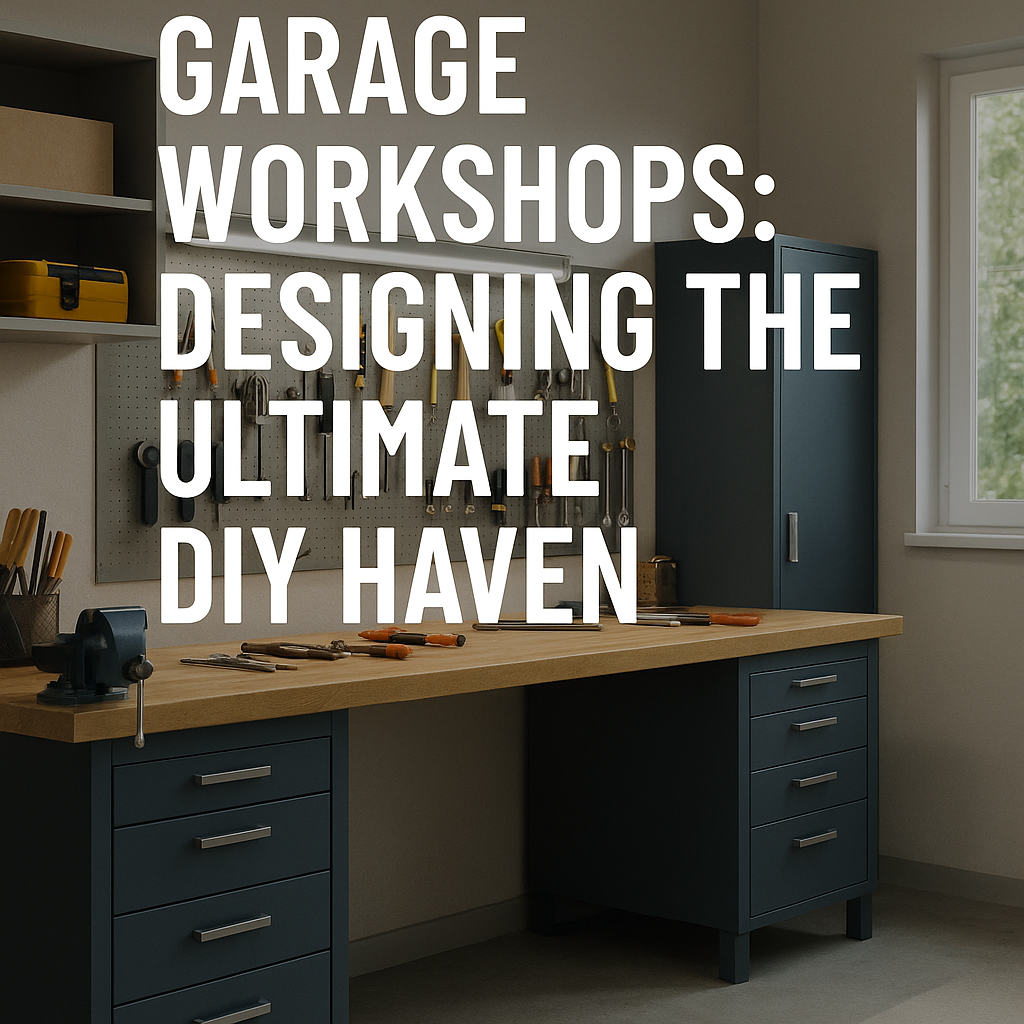 Organized garage workshop with a wooden workbench, pegboard tool wall, and metal cabinets, illustrating efficient design for garage workshops.