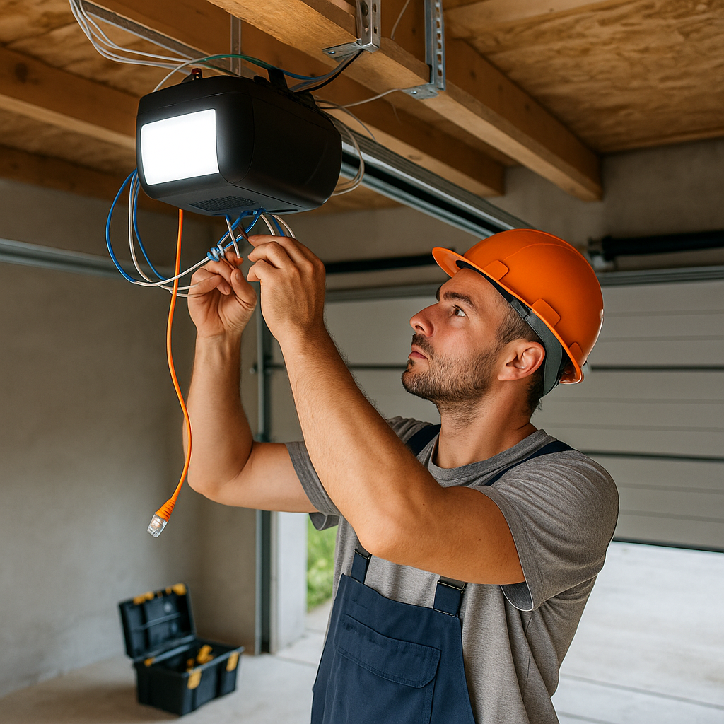 Professional electrician installing smart garage door opener with network cables during new garage construction