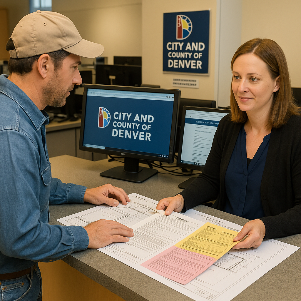 Homeowner submitting Denver garage building permit application with city employee reviewing construction plans and forms at official Denver building department counter