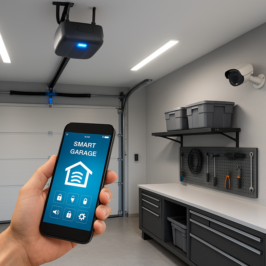 Hand holding smartphone with smart garage technology control app in modern garage with smart door opener and security systems