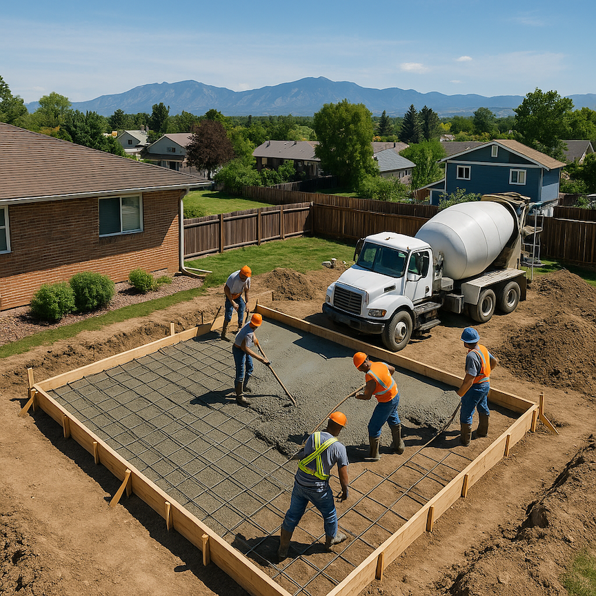 Professional crew pouring garage foundation with rebar reinforcement in Colorado residential setting