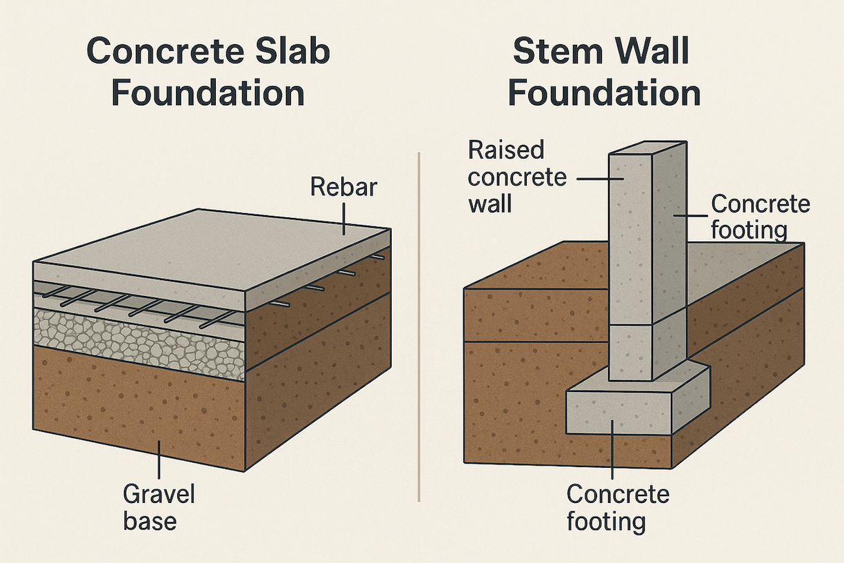 Comparison diagram of concrete slab foundation versus stem wall foundation showing construction details and components for Colorado detached garages