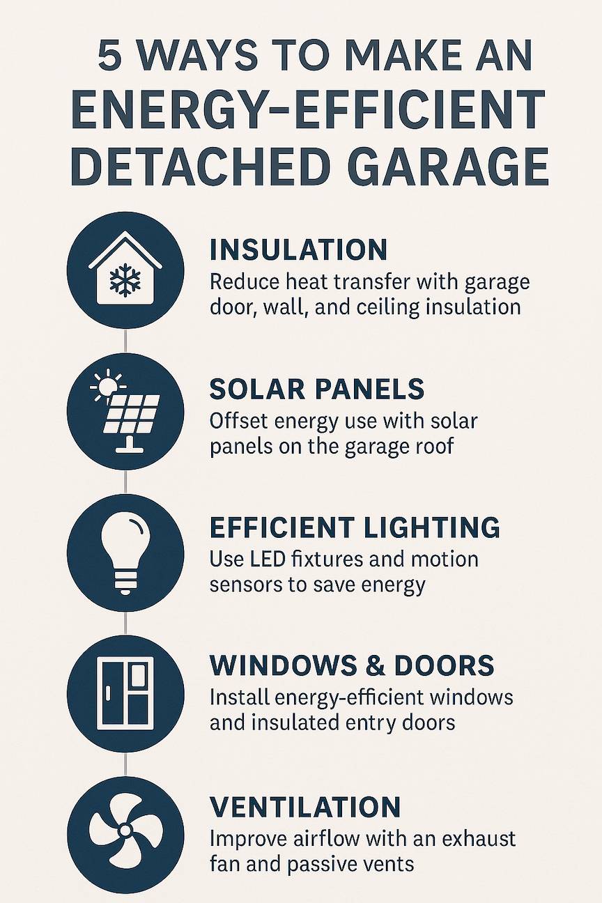 Infographic showing five ways to make a detached garage energy-efficient, with icons and descriptions for insulation, solar panels, efficient lighting, windows and doors, and ventilation.