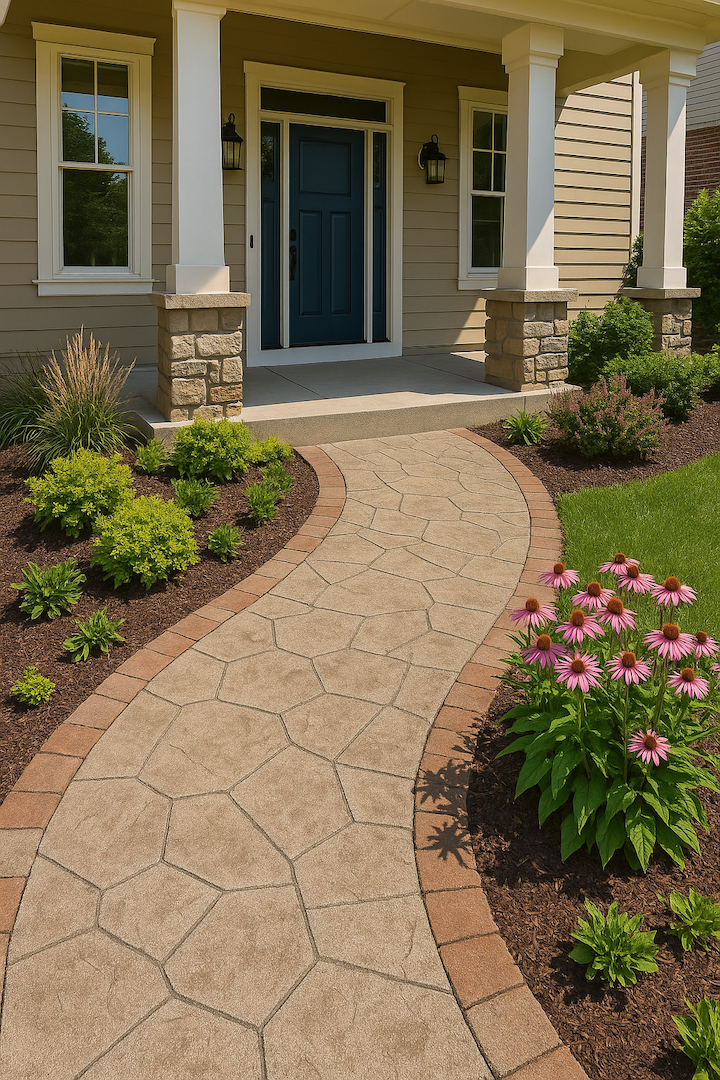 A beautifully designed front yard with pathways and entryways made of stamped concrete and brick edging, enhancing curb appeal.