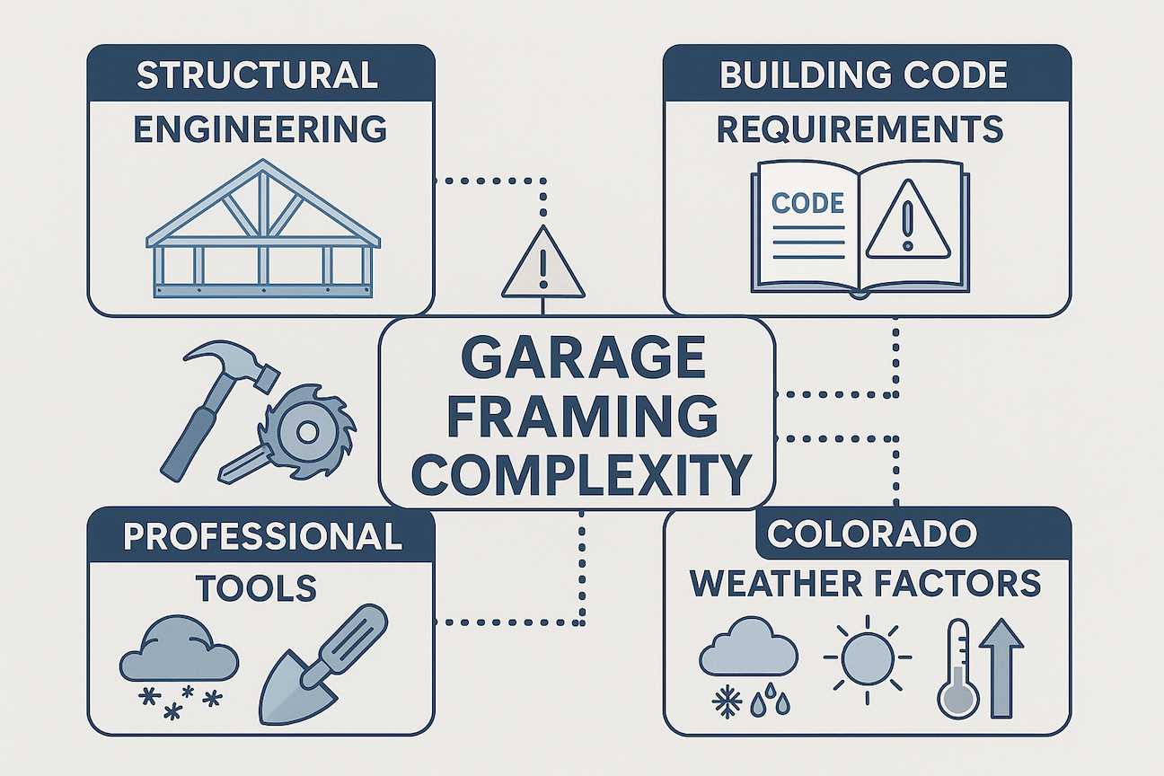 Infographic showing garage framing complexity with four connected elements: structural engineering, building codes, professional tools, and Colorado weather factors