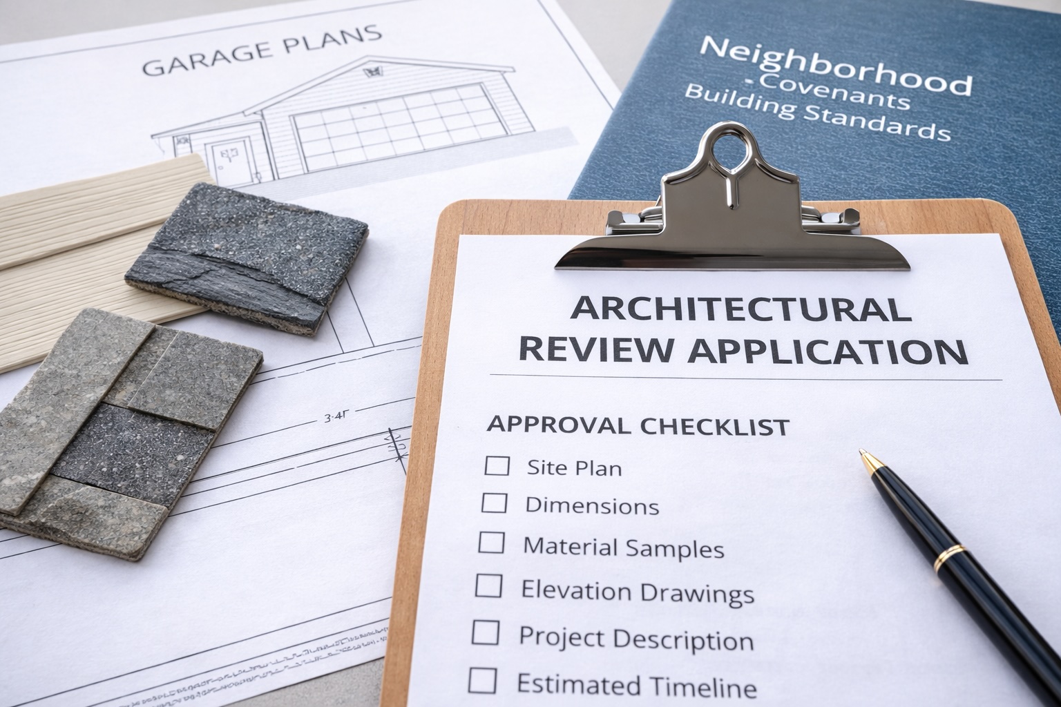 HOA architectural review application documents and garage construction plans ready for approval submission