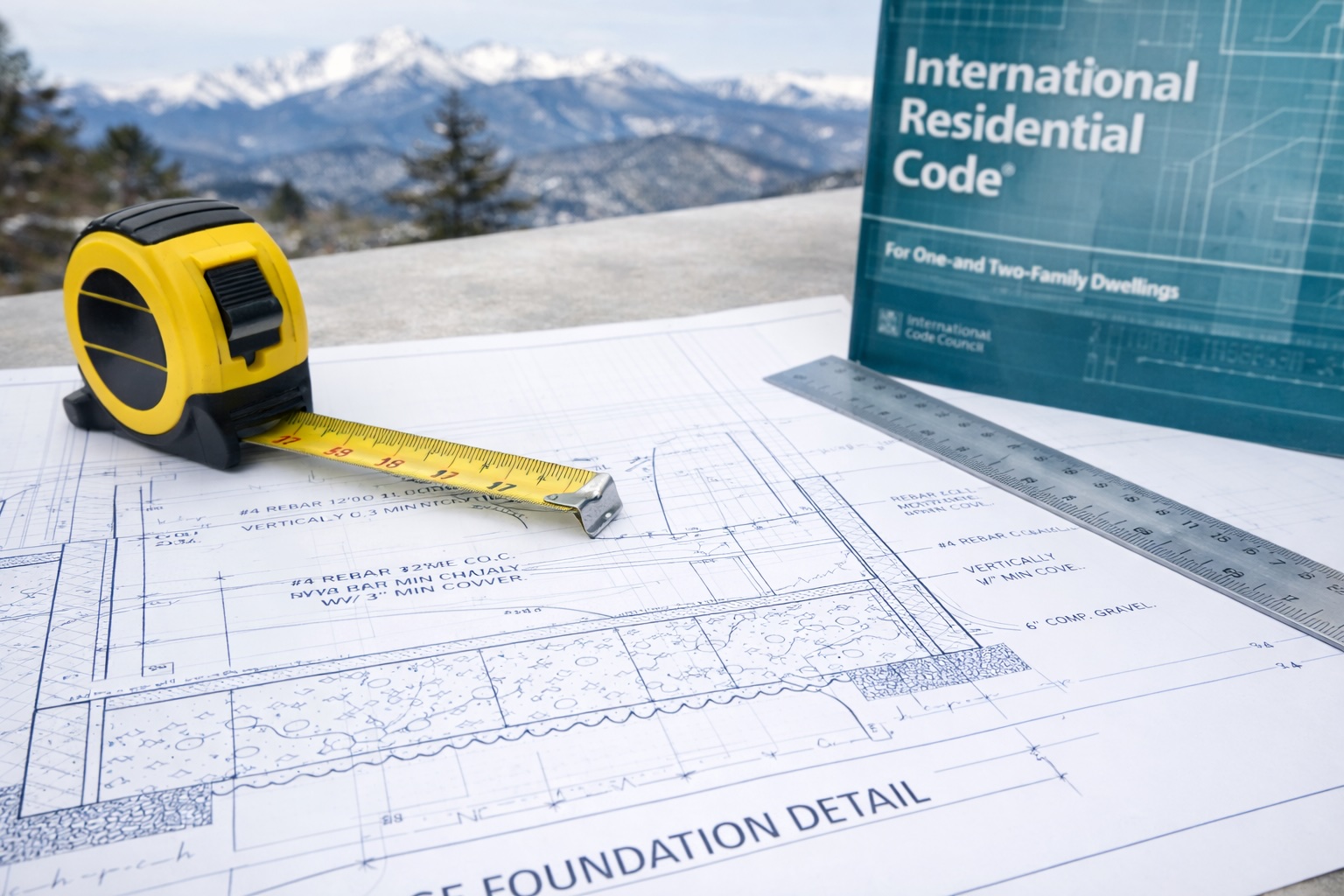 Building code plans and specifications for detached garage construction in Colorado showing foundation and structural requirements