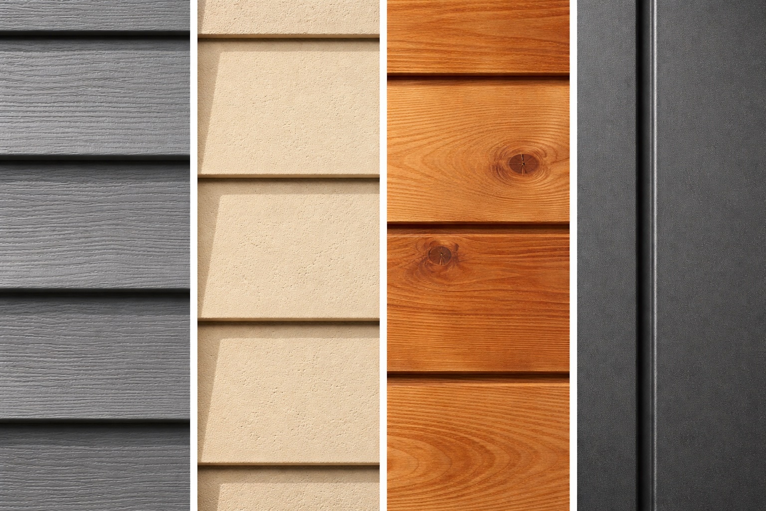 Comparison of garage siding material samples including vinyl, fiber cement, wood, and metal options for Colorado construction