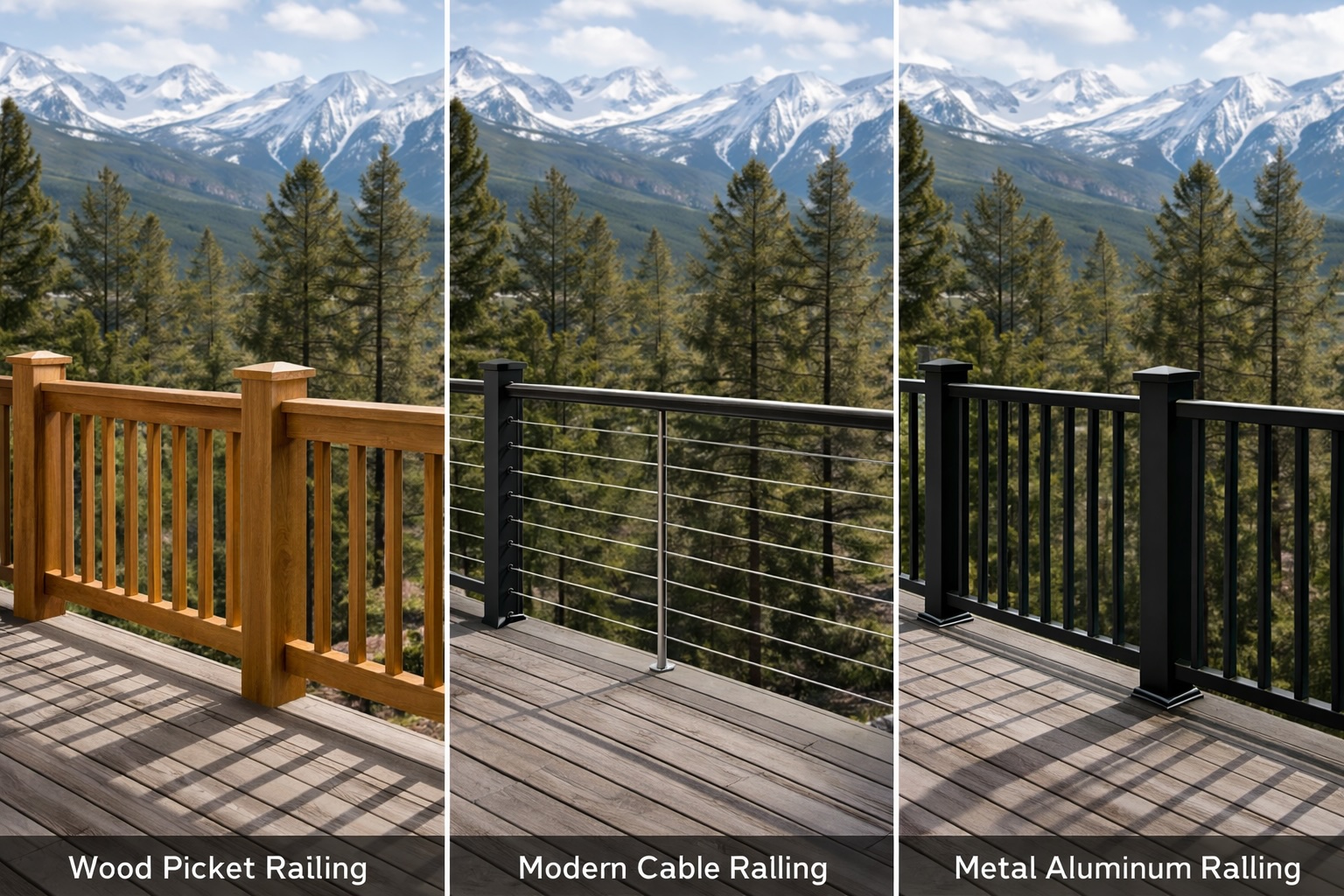 Comparison of deck railing options including wood, cable, and metal railings for Colorado outdoor decks