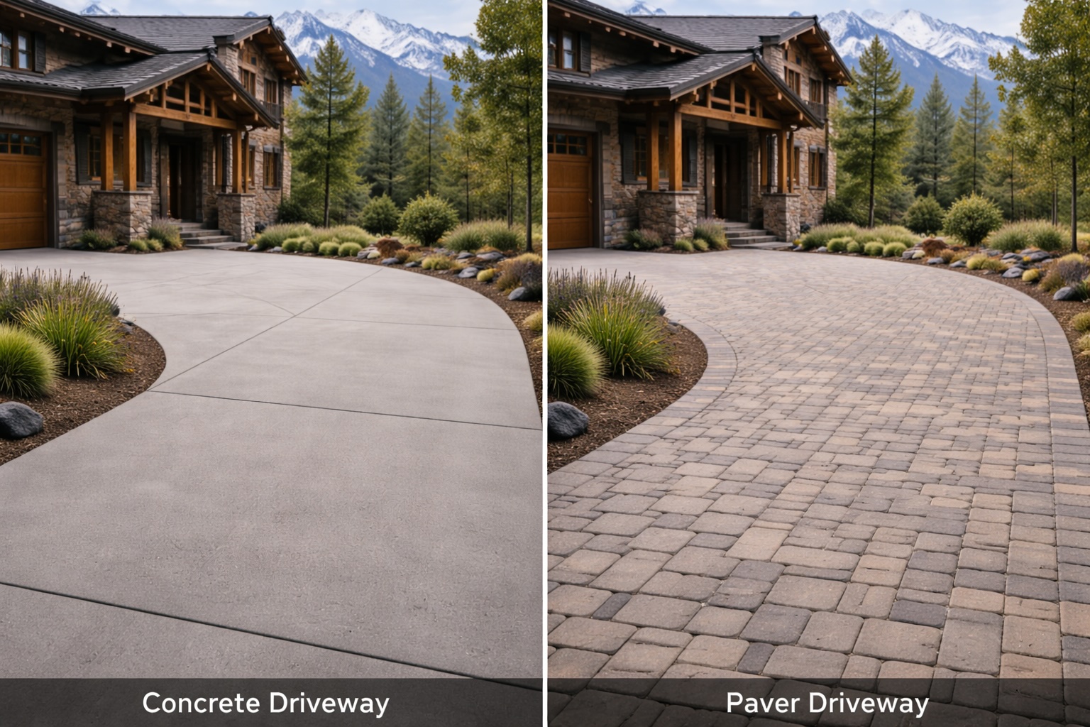 Side-by-side comparison of concrete vs. paver driveway at Colorado mountain home showing material texture and appearance differences