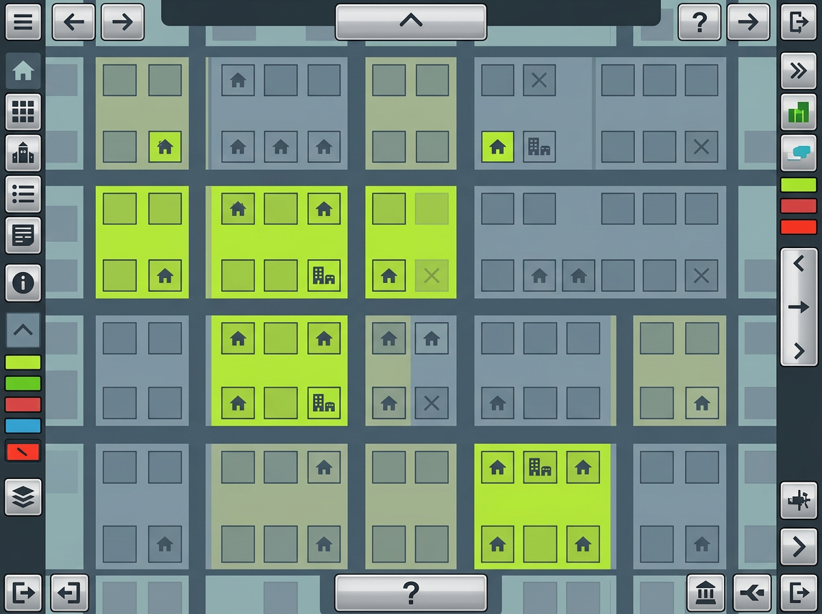 A grid of abstract map-like blocks, some highlighted in a distinct color, with smaller square blocks representing properties