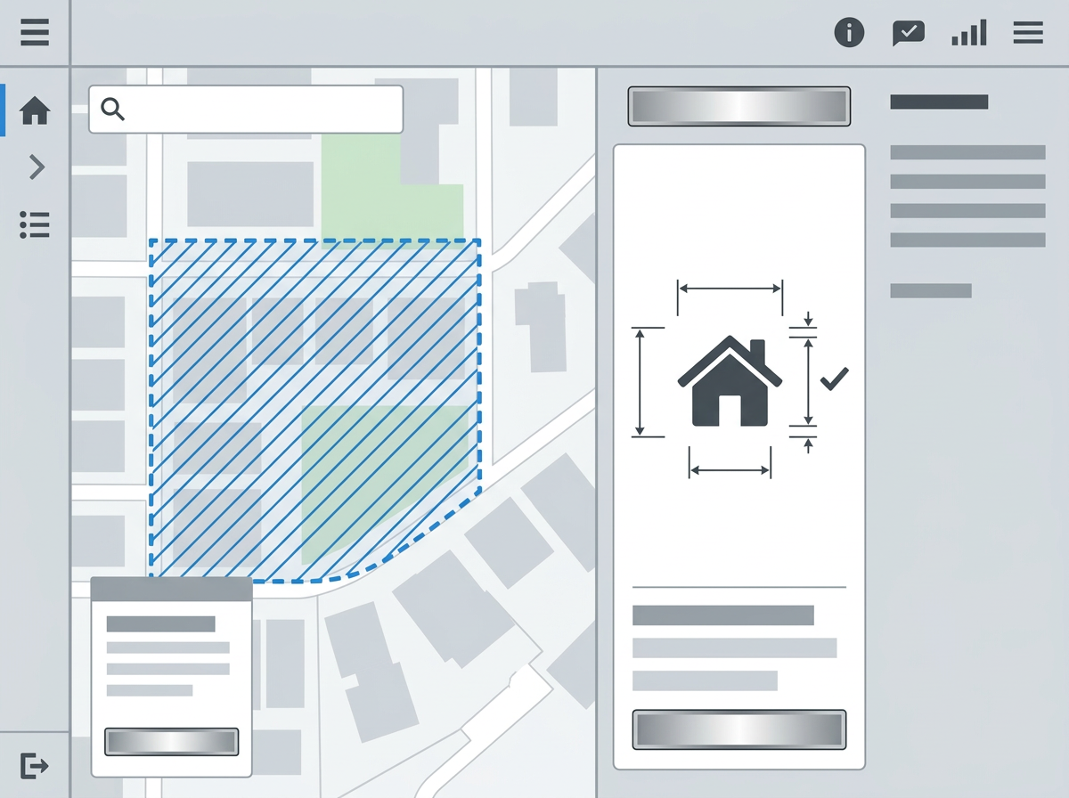 A stylized map interface with a highlighted zone, an adjacent panel showing a house icon with dimension lines and bracket mar