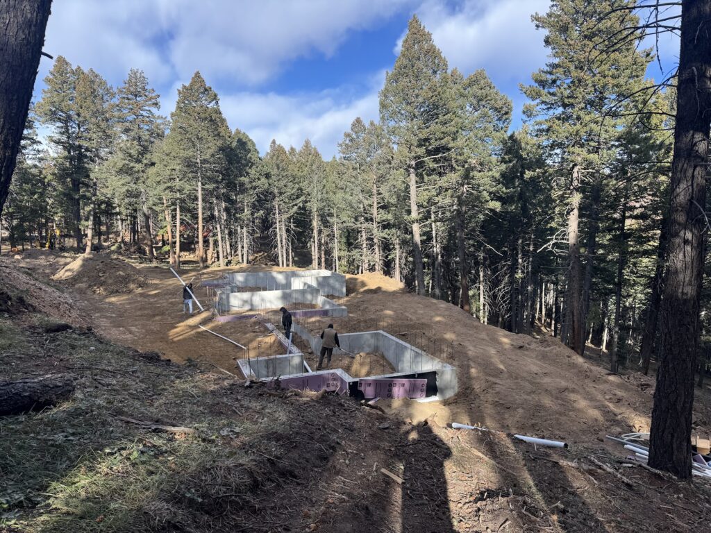 Cleared defensible-space zone around a foundation in a forested Colorado mountain lot
