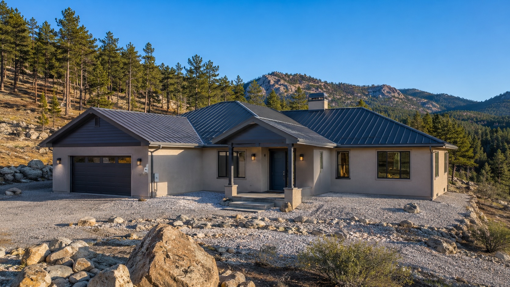Fire-resistant Colorado mountain home with gravel defensible-space zone