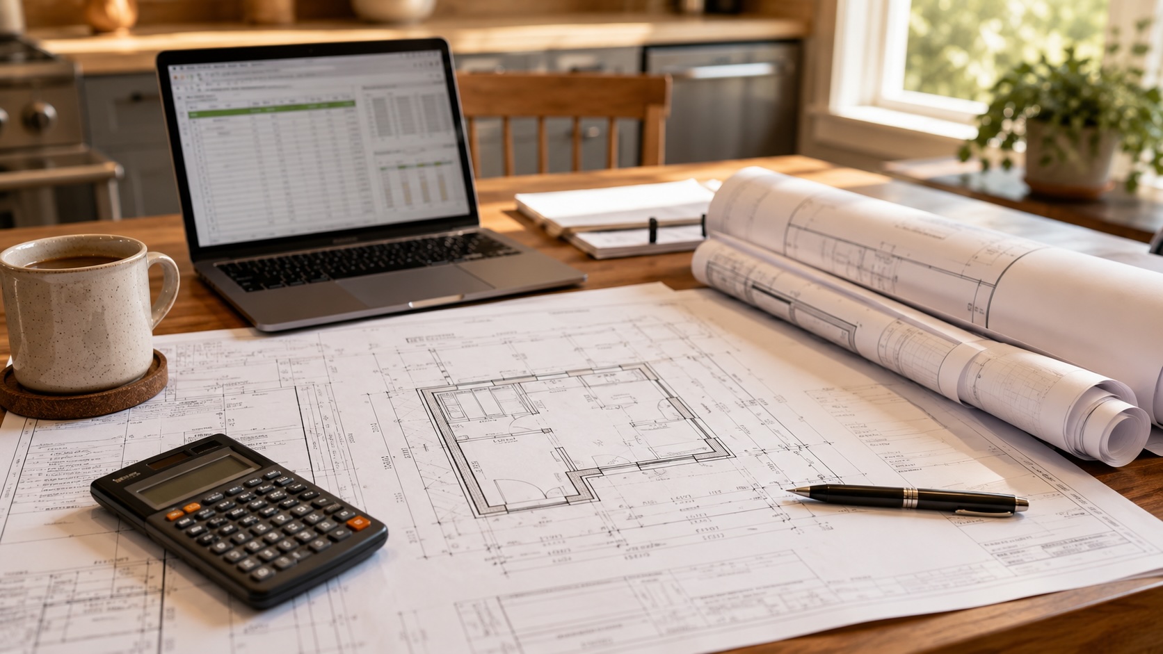 Homeowner reviewing ADU blueprints and financing figures at a kitchen table
