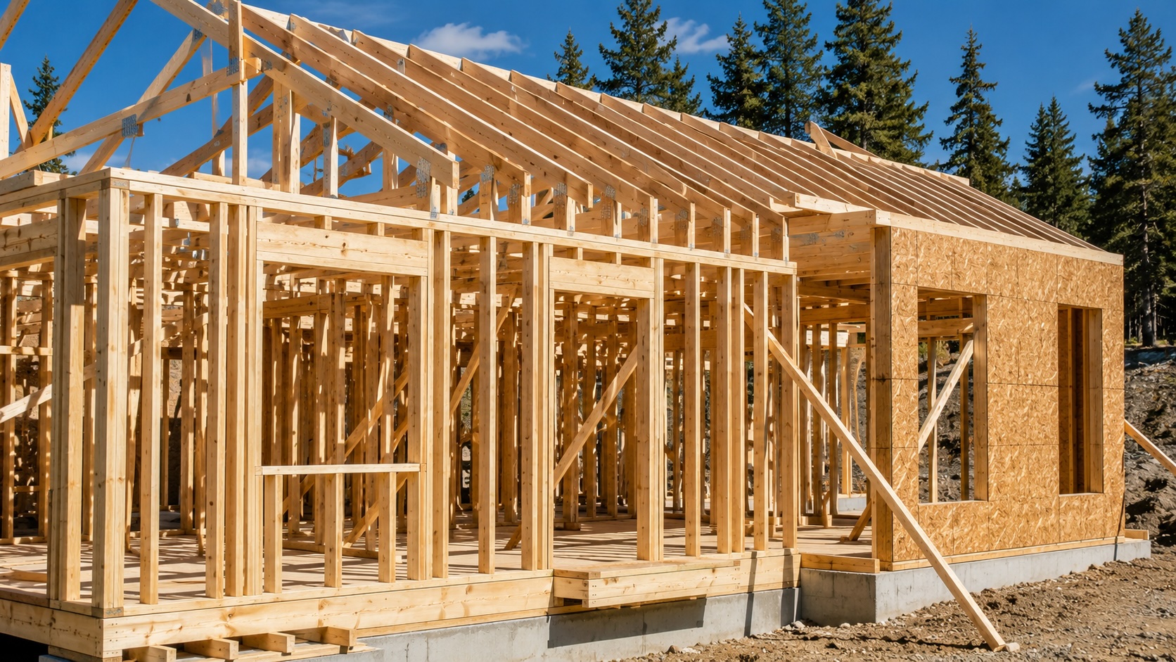 Traditional wood stick framing on a new Colorado house under construction