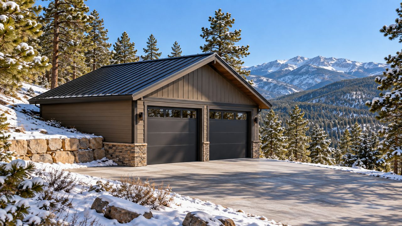 Detached two-car garage with a standing-seam metal roof on a snowy, pine-covered Colorado mountain lot